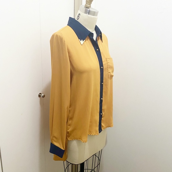 C by Chelsea High Low Long Sleeve Button Blouse Metal Collar Pumpkin Navy S/M - Picture 7 of 8